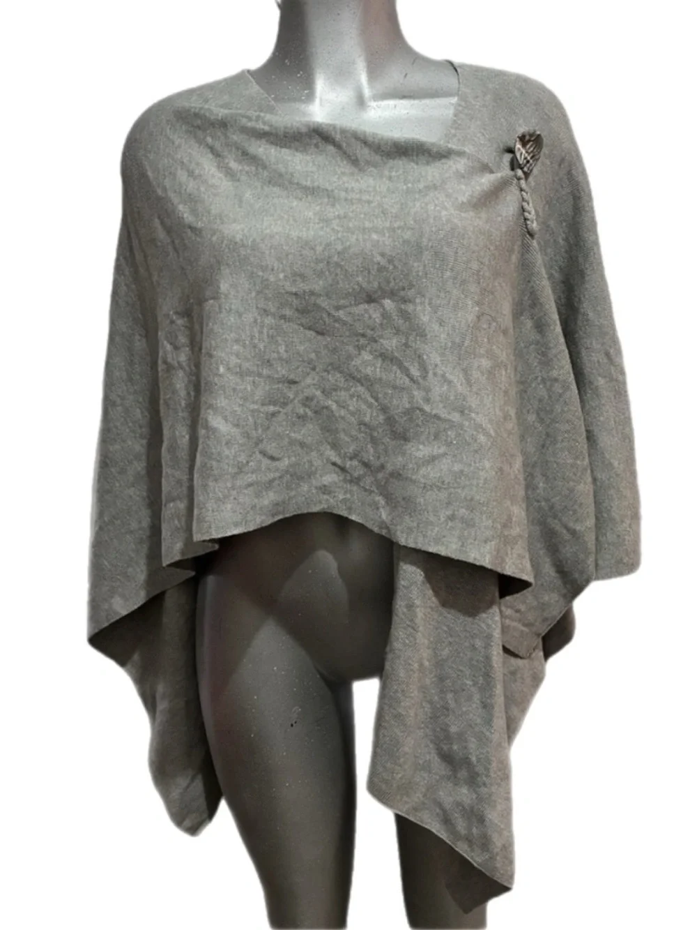 Gray Poncho Shawl Wrap Knit Sweater Cape Soft Cozy One Size Layer Asymmetrical
